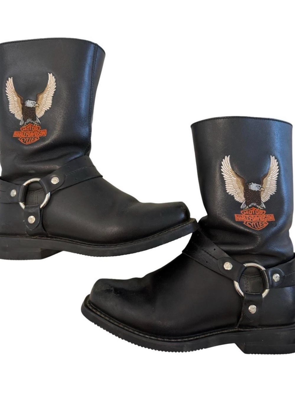 Vintage Harley-Davidson Black Leather Moto Boots with Eagle Patch Emblem